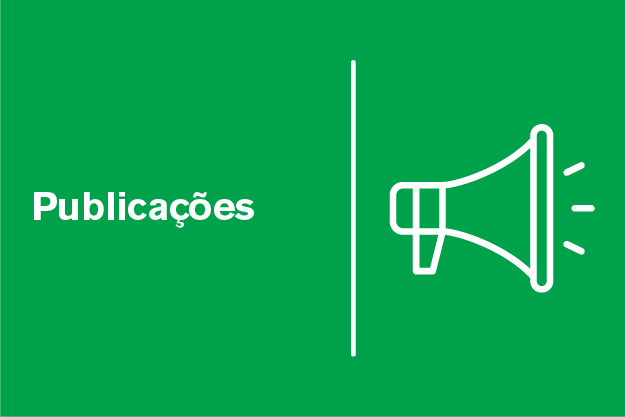 Banner cor verde com contorno em desenho de um megafone escrita em branco publicações